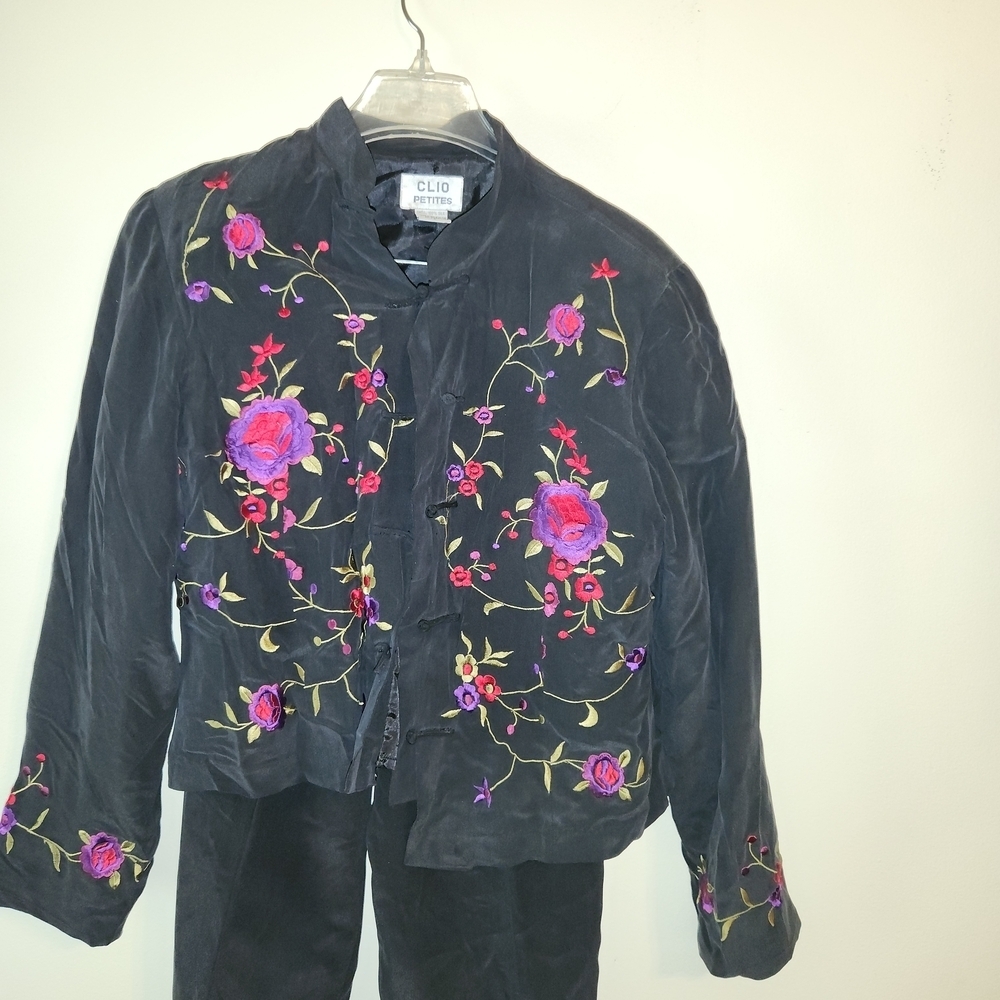 2 Pc Clio Dark Gray Floral Embroidered Jacket With Pants. Both Made Of Silk.